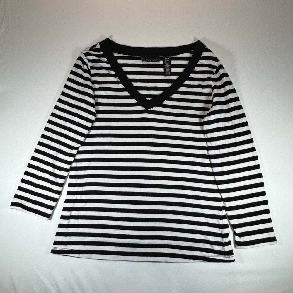 Apostrophe Stretch Striped Long Sleeve V-Neck Shirt Black White Women's Small